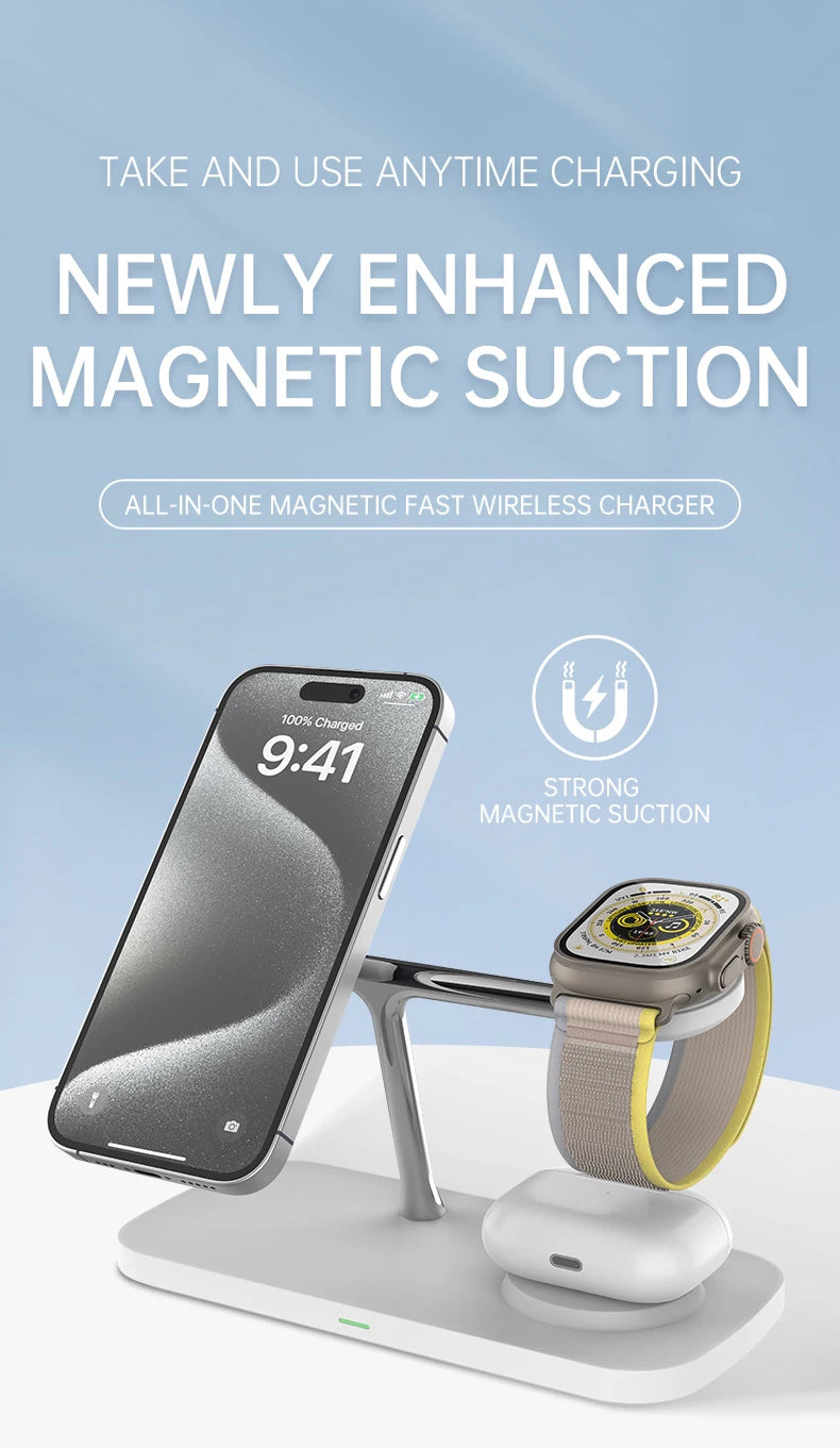 QI2 Wireless Charging Station for Apple / Samsung 3 in 1 Charger Stand Dock for iPhone 12-16 AirPods Apple Watch 10 9 8 7 6 5