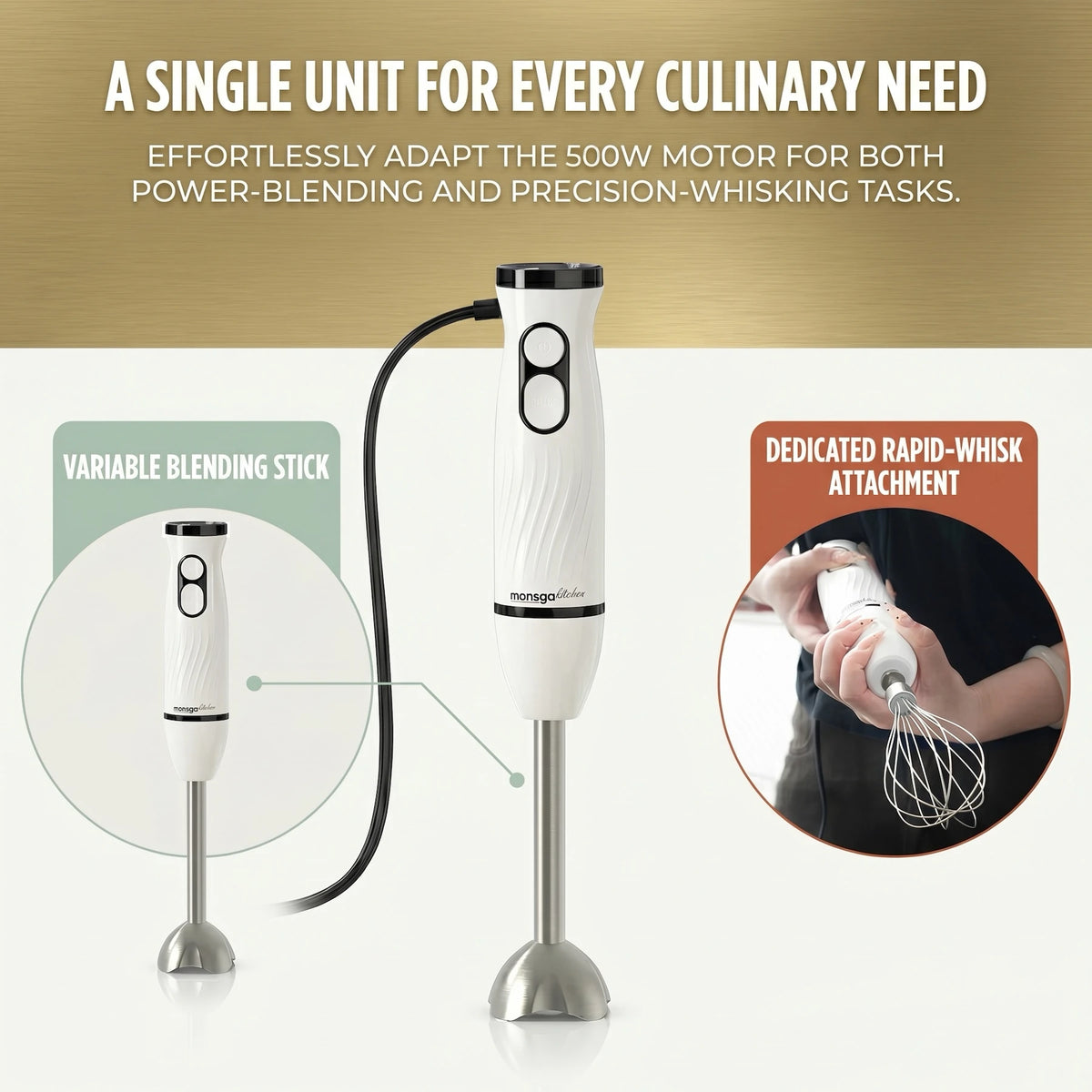 MONSGA Electric Immersion Hand Blender 4 in 1, 2 Speed Detachable Stick Mixer, Egg Whisk, Milk Frother, Vegetable Chopper, Meat Grinder, Juice Mixing Cup for Kitchen Smoothies Soup Baby Food