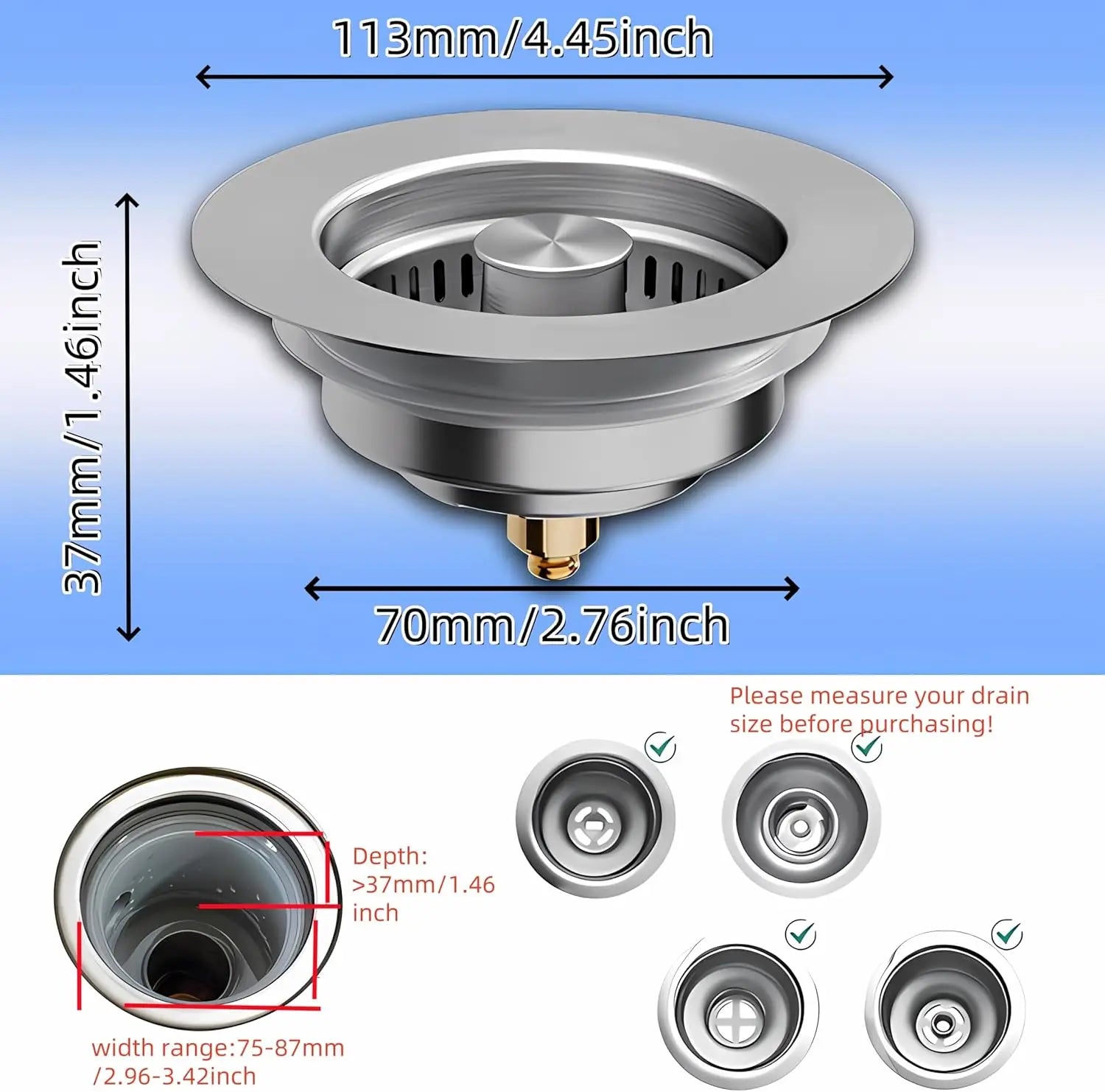 3 in 1 Kitchen Sink Drain Strainer,Universal Stainless Steel Kitchen Sink Stopper, Pop Up Anti-Clogging for 3-1/2 Inch US Standa