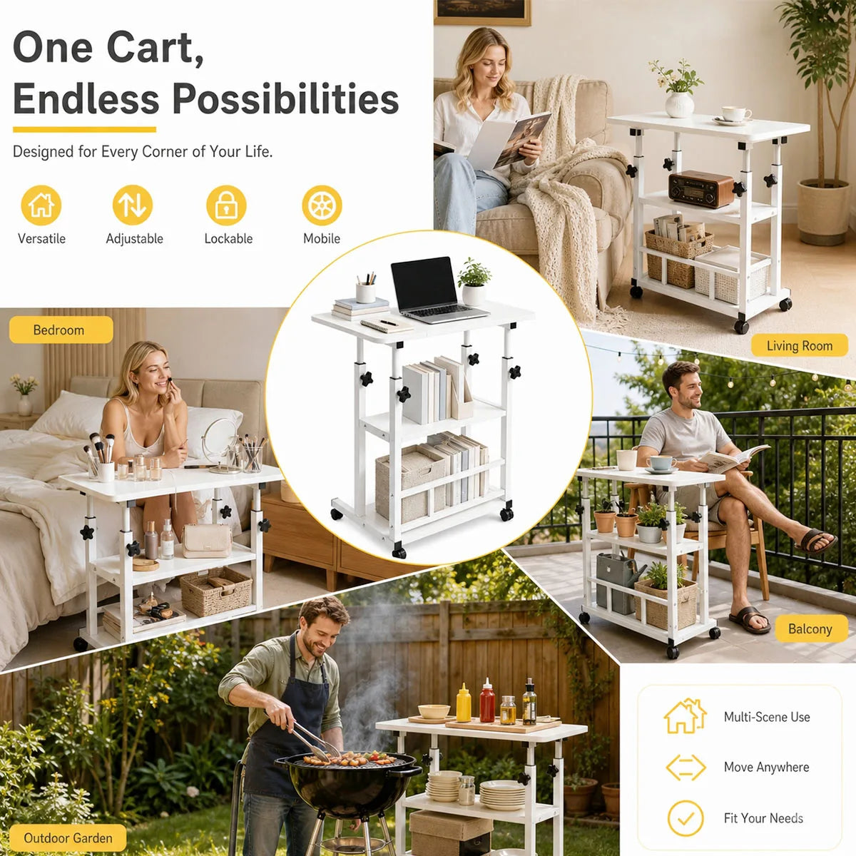 Adjustable Height Side Table with Wheels 3-Tier Storage Rolling