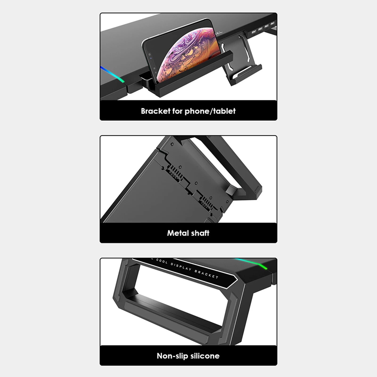 Aluminum RGB Monitor Stand Riser Bracket with 4 USB Ports Desk Organizer All-In-One Computer Laptop Height Stand Holder