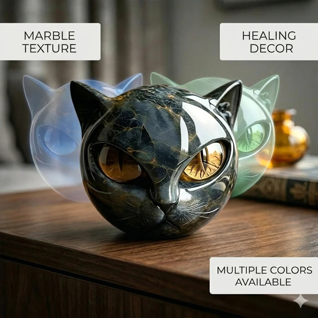 Black Cat Head  - Luxury Resin Figurine with Various Pupil Colors, Marble Texture Cat Statue for Office Desk Decor, Unique Gift