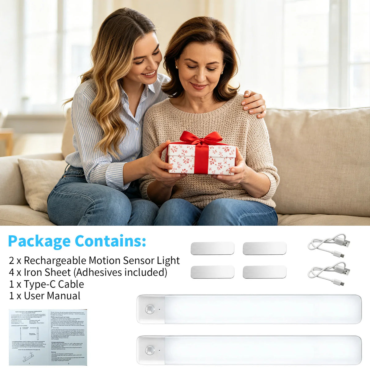 LED Motion Sensor Light Wireless LED Night Light Type C Rechargeable Light Cabinet Wardrobe Lamp Staircase Backlight For Kitchen