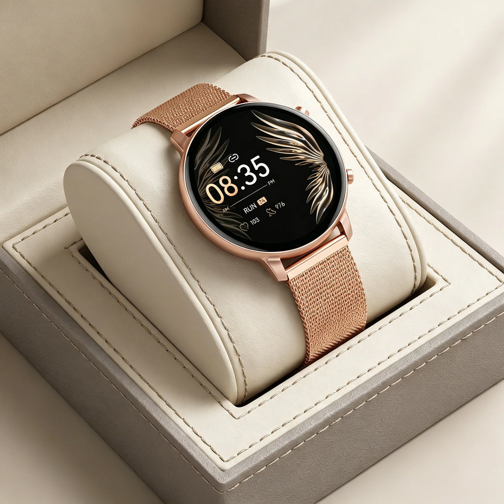 Women Rose Gold Smart Watch 1.39" Round Screen Bluetooth