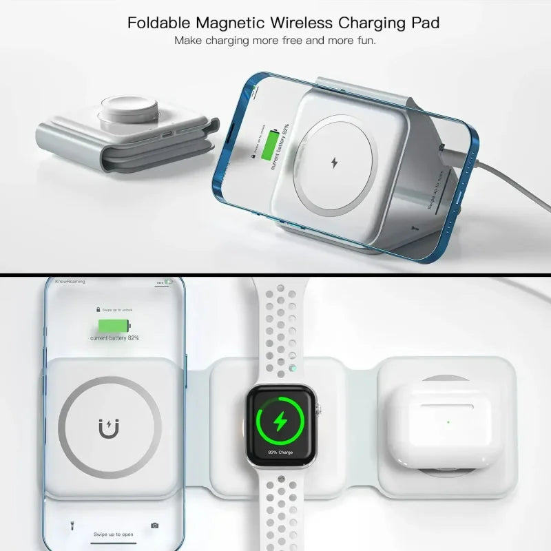 3 in 1 Fast Charging Wireless Magnetic Charger for iPhone 16 15 14 Pro Max Airpods iWatch Foldable Mobile Phone Wireless Charger