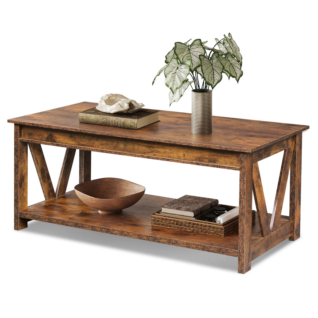 Coffee Table, 43.3 Inch Farmhouse Table with Storage, Rustic