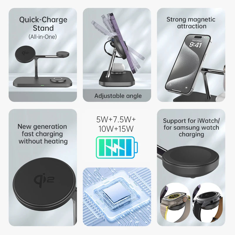 QI2 Wireless Charging Station for Apple / Samsung 3 in 1 Charger Stand Dock for iPhone 12-16 AirPods Apple Watch 10 9 8 7 6 5
