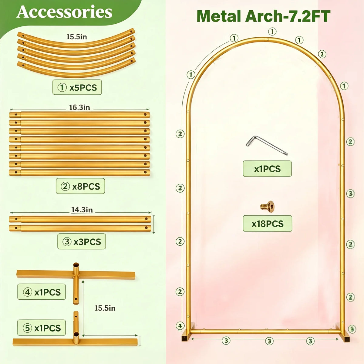 Gold Metal Wedding Arch Backdrop Stand 6FT &amp;7.2FT Heavy‑Duty