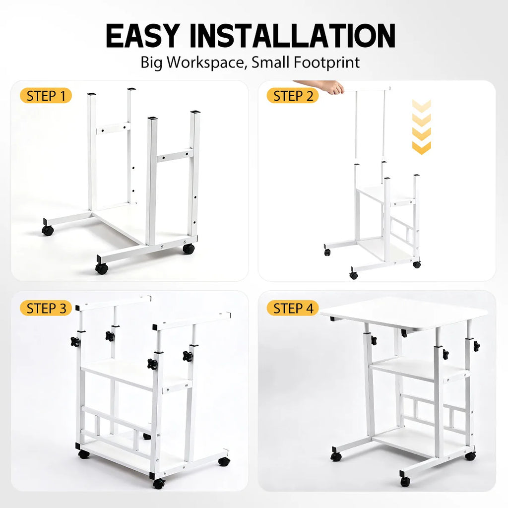 Adjustable Height Side Table with Wheels 3-Tier Storage Rolling