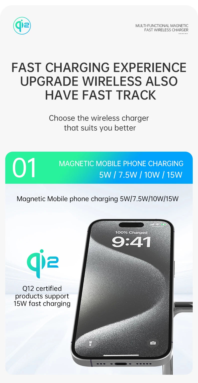 QI2 Wireless Charging Station for Apple / Samsung 3 in 1 Charger Stand Dock for iPhone 12-16 AirPods Apple Watch 10 9 8 7 6 5