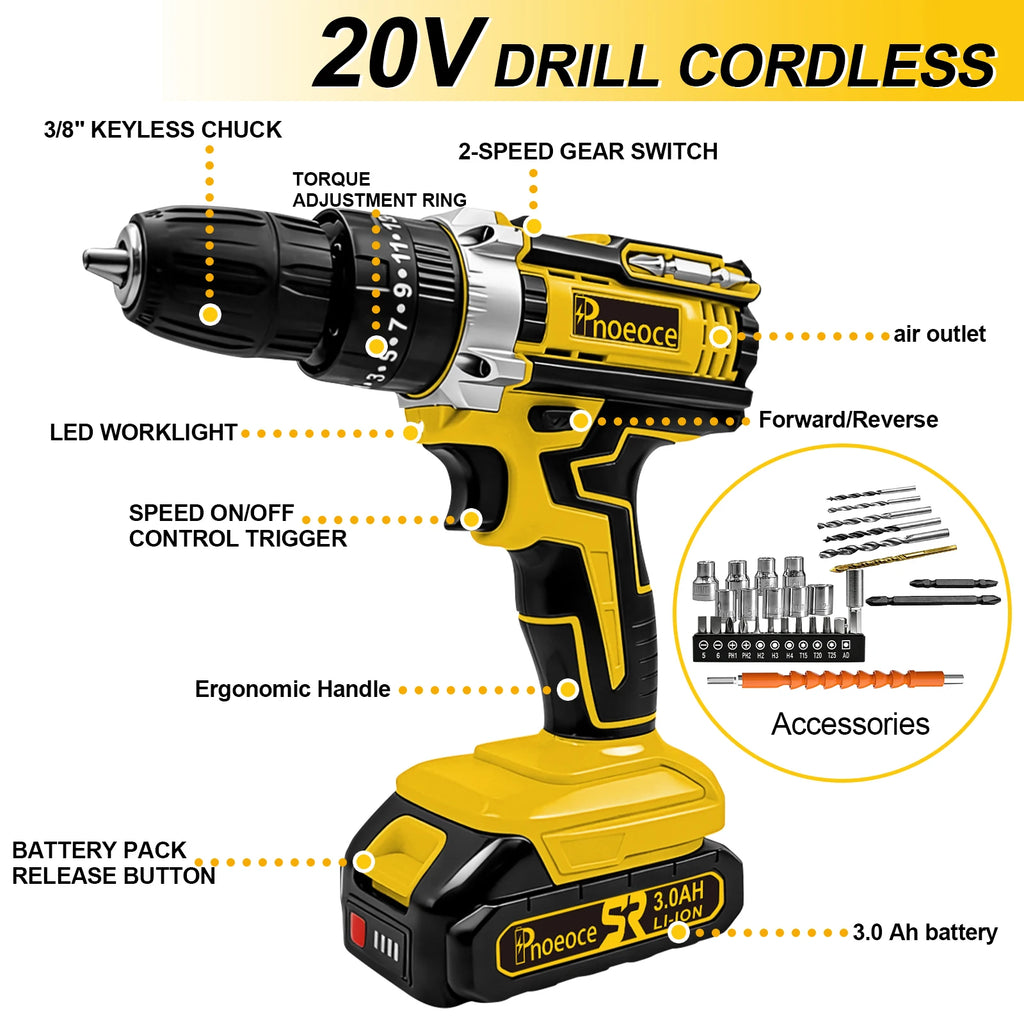 Pnoeoce 20V Cordless Power Drill Driver Kit with 3.0Ah