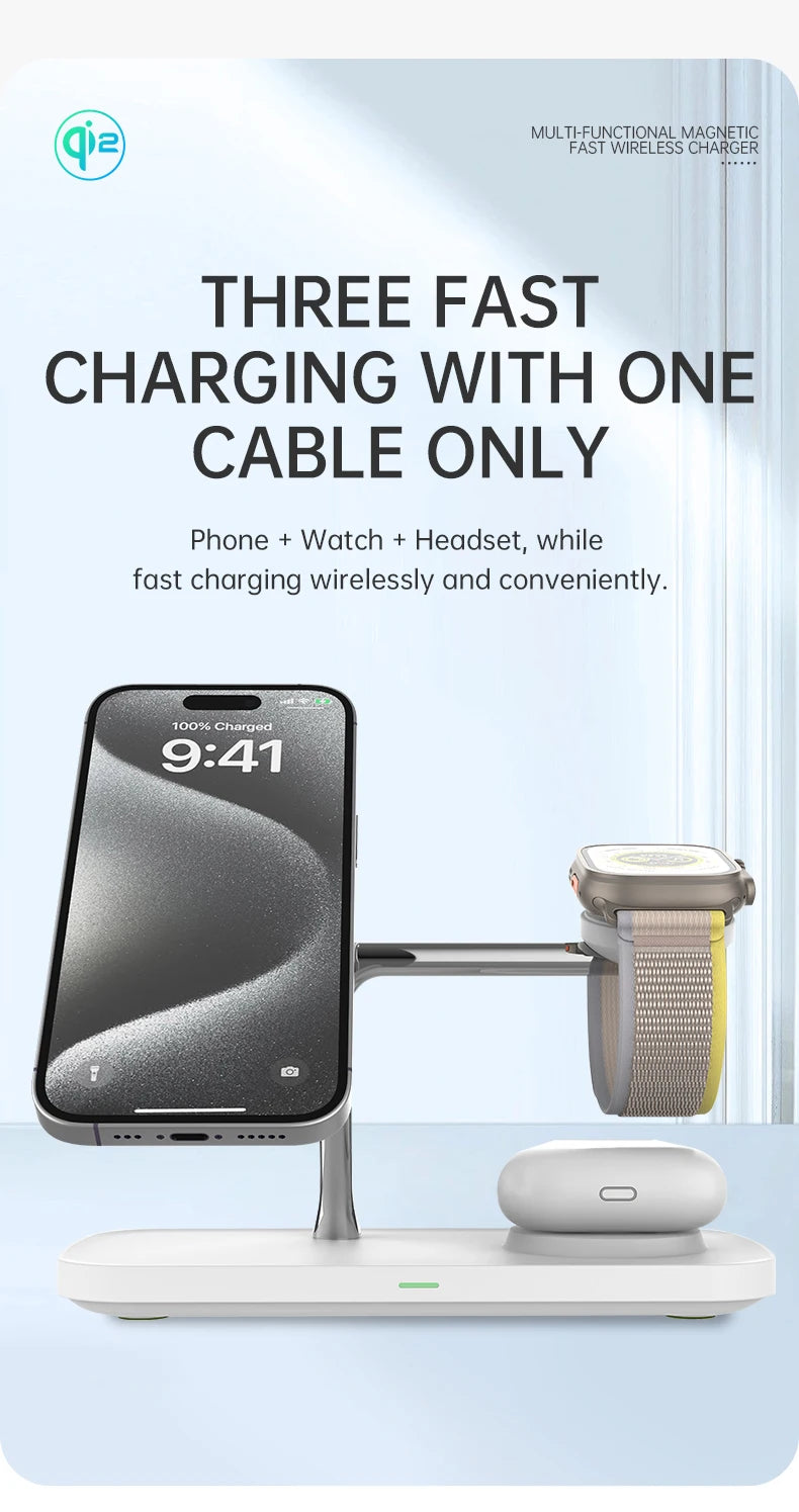 QI2 Wireless Charging Station for Apple / Samsung 3 in 1 Charger Stand Dock for iPhone 12-16 AirPods Apple Watch 10 9 8 7 6 5