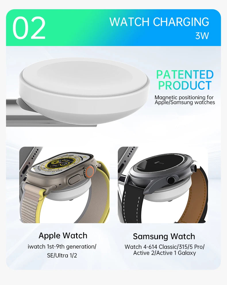 QI2 Wireless Charging Station for Apple / Samsung 3 in 1 Charger Stand Dock for iPhone 12-16 AirPods Apple Watch 10 9 8 7 6 5