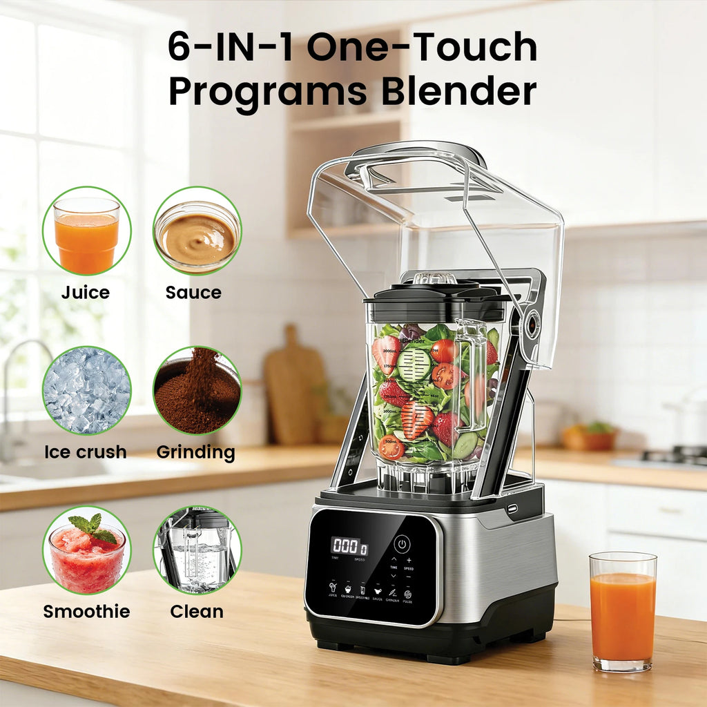 68oz Commercial Blender with Quiet Shield 2200W 6 in 1 Countertop Food Processor Easy Cleaning, for Juice, Ice Shakes, Smoothies