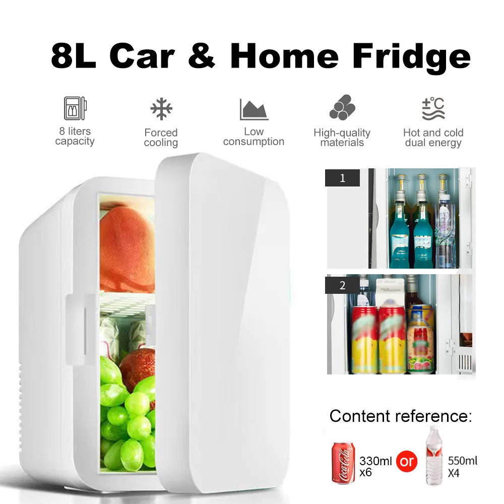Portable Vehicle Refrigerator 8L Mini Compact Fridge Cooling Heating For Skin Care Cosmetic Beverages Drinks Office Dorm and Car