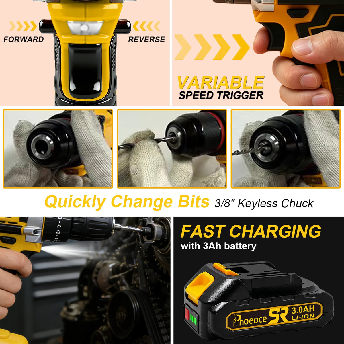 Pnoeoce 20V Cordless Power Drill Driver Kit with 3.0Ah