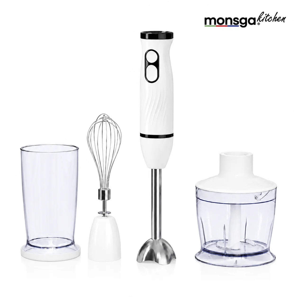 MONSGA Electric Immersion Hand Blender 4 in 1, 2 Speed Detachable Stick Mixer, Egg Whisk, Milk Frother, Vegetable Chopper, Meat Grinder, Juice Mixing Cup for Kitchen Smoothies Soup Baby Food