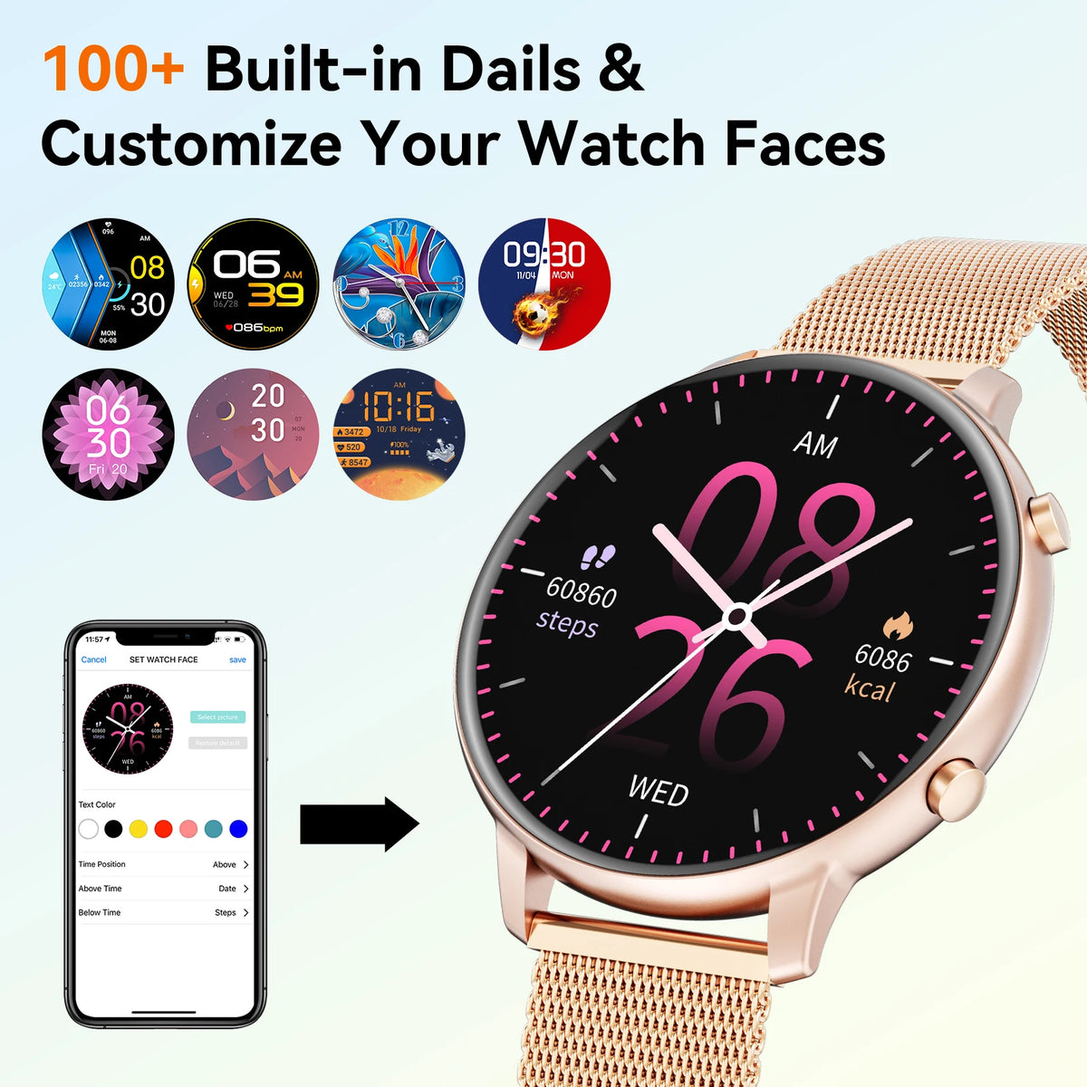 Women Rose Gold Smart Watch 1.39" Round Screen Bluetooth
