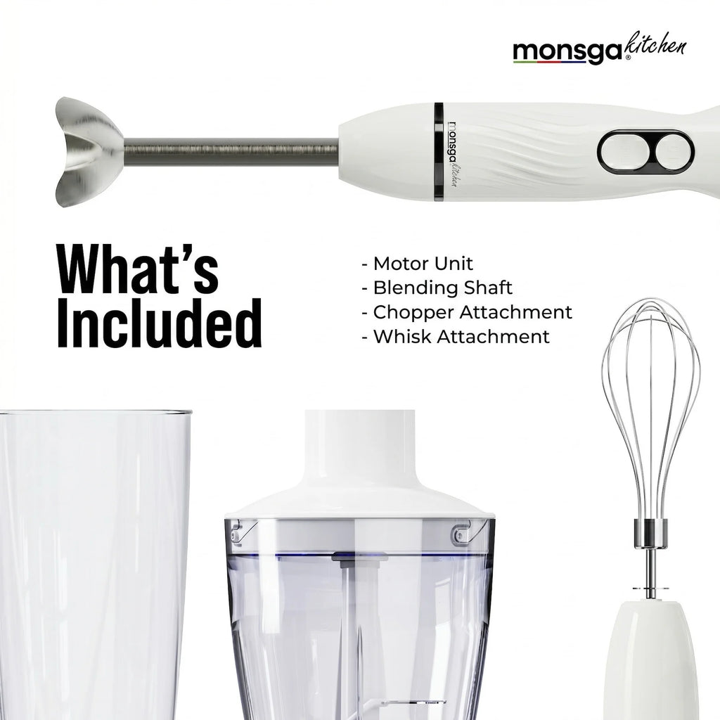 MONSGA Electric Immersion Hand Blender 4 in 1, 2 Speed Detachable Stick Mixer, Egg Whisk, Milk Frother, Vegetable Chopper, Meat Grinder, Juice Mixing Cup for Kitchen Smoothies Soup Baby Food