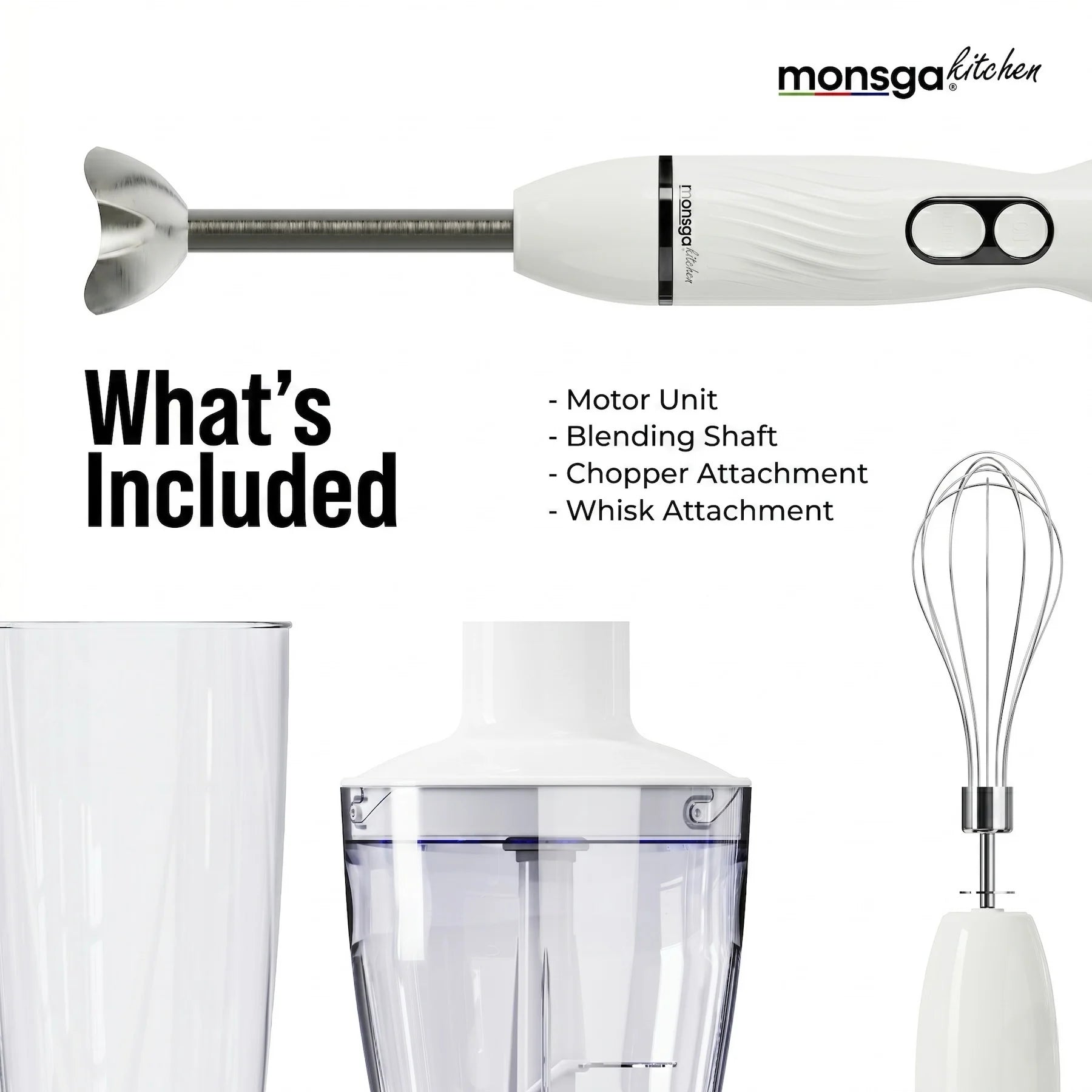 MONSGA Electric Immersion Hand Blender 4 in 1, 2 Speed Detachable Stick Mixer, Egg Whisk, Milk Frother, Vegetable Chopper, Meat Grinder, Juice Mixing Cup for Kitchen Smoothies Soup Baby Food