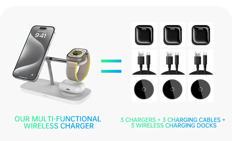 QI2 Wireless Charging Station for Apple / Samsung 3 in 1 Charger Stand Dock for iPhone 12-16 AirPods Apple Watch 10 9 8 7 6 5