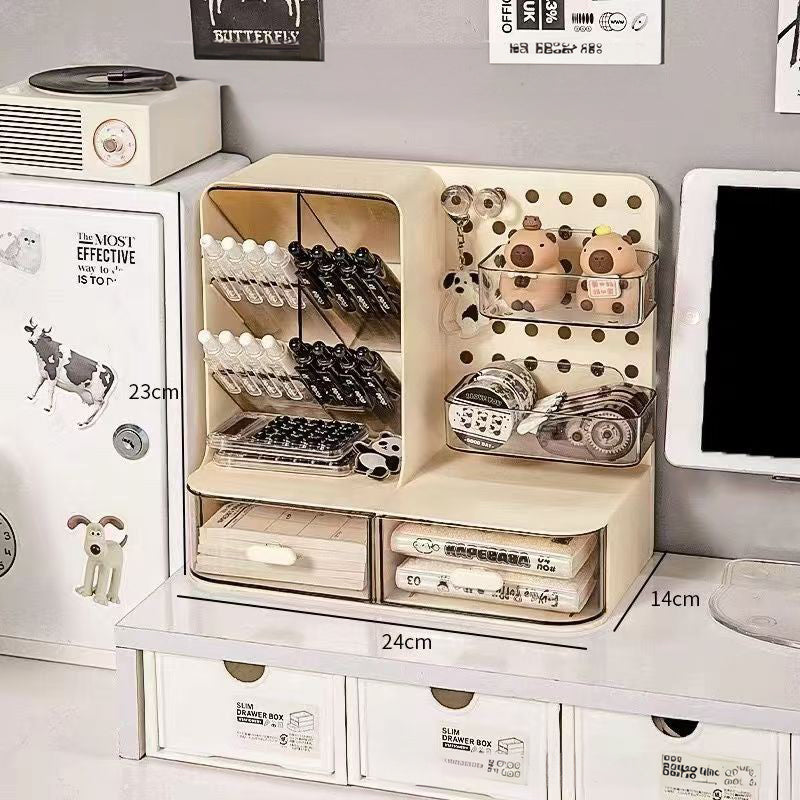 Adorable Desk Organizer with Hook Drawer,Hole Board,Card Display Stand,Desktop Storage Box,Stationery Storage Rack Cream Style