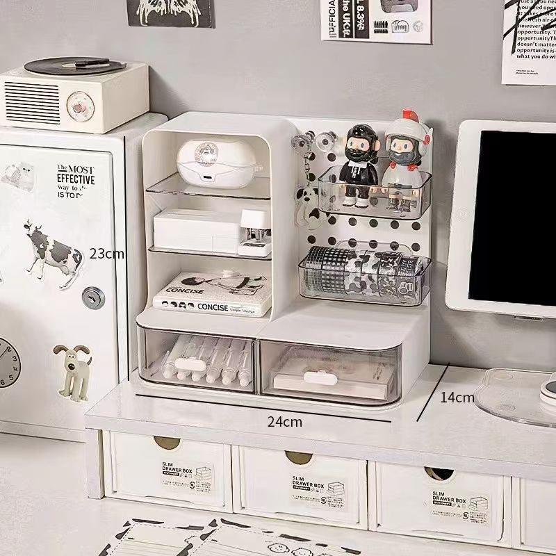 Adorable Desk Organizer with Hook Drawer,Hole Board,Card Display Stand,Desktop Storage Box,Stationery Storage Rack Cream Style
