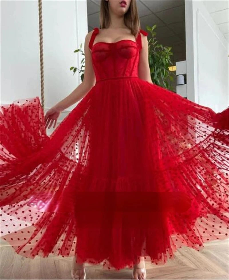 Red Polka Dots Tulle A Line Evening Dress Spaghetti Straps Tied Bow Shoulder Tea Length Party Graduation Prom Dress