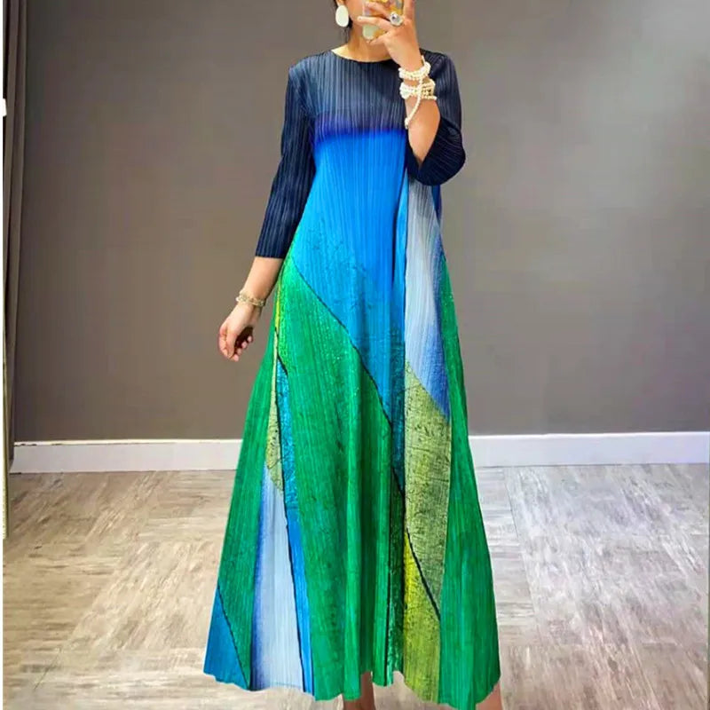 Miyake Pleats New High Fashion French Vintage Women Green Causal Long Dress Original Designer Clothing In Stock