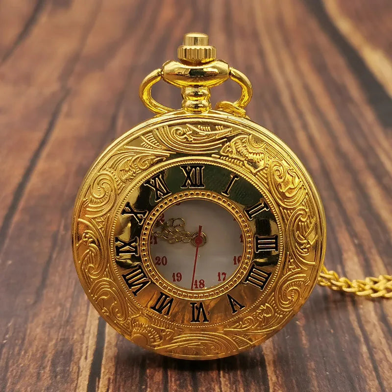 Luxury Gold Roman Numerals Quartz Pocket Watch Chain Men