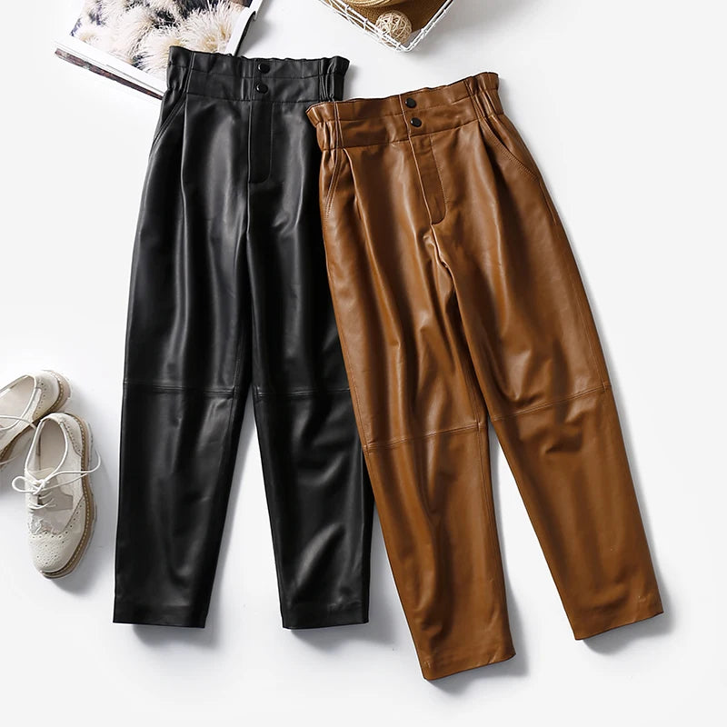 Genuine leather pants women winter 2025 new fashion elastic high waist pants women harem pants casual trouser female