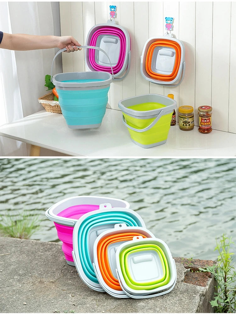 Silicone Bucket Fishing Folding Square Bucket Car Wash Outdoor Fishing Supplies Bathroom Kitchen Camp Bucket 5L/10L