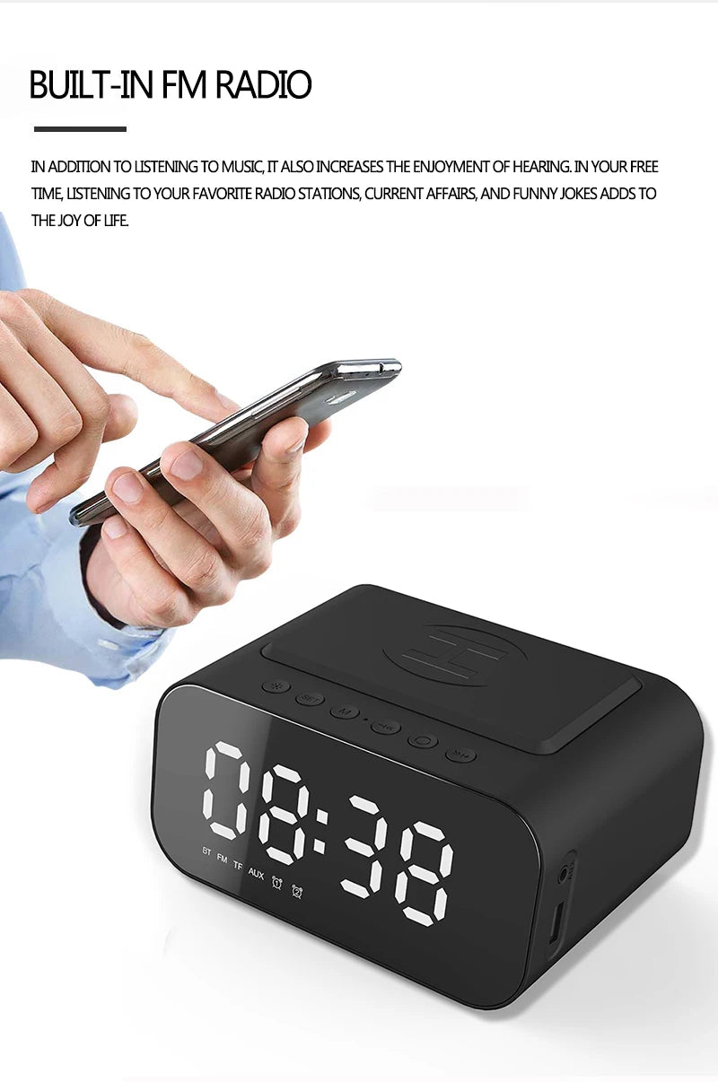 Digital Alarm Clock Bluetooth Speaker FM Radio Wireless Charger Phone Charging Pad  USB Fast Charger Table Clock
