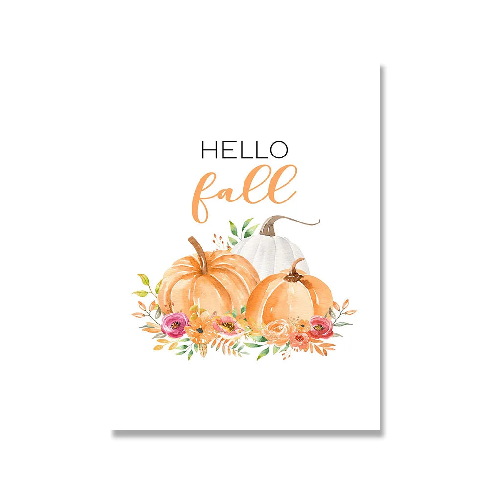 Hello Fall Autumn Quote Wall Pictures Children Cartoon Art Poster and Print Flower Wreath Pumpkin Canvas Painting Home Decor