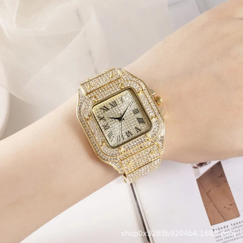Iced Out Women Men Watch Square Diamondd Black Numbers Quartz