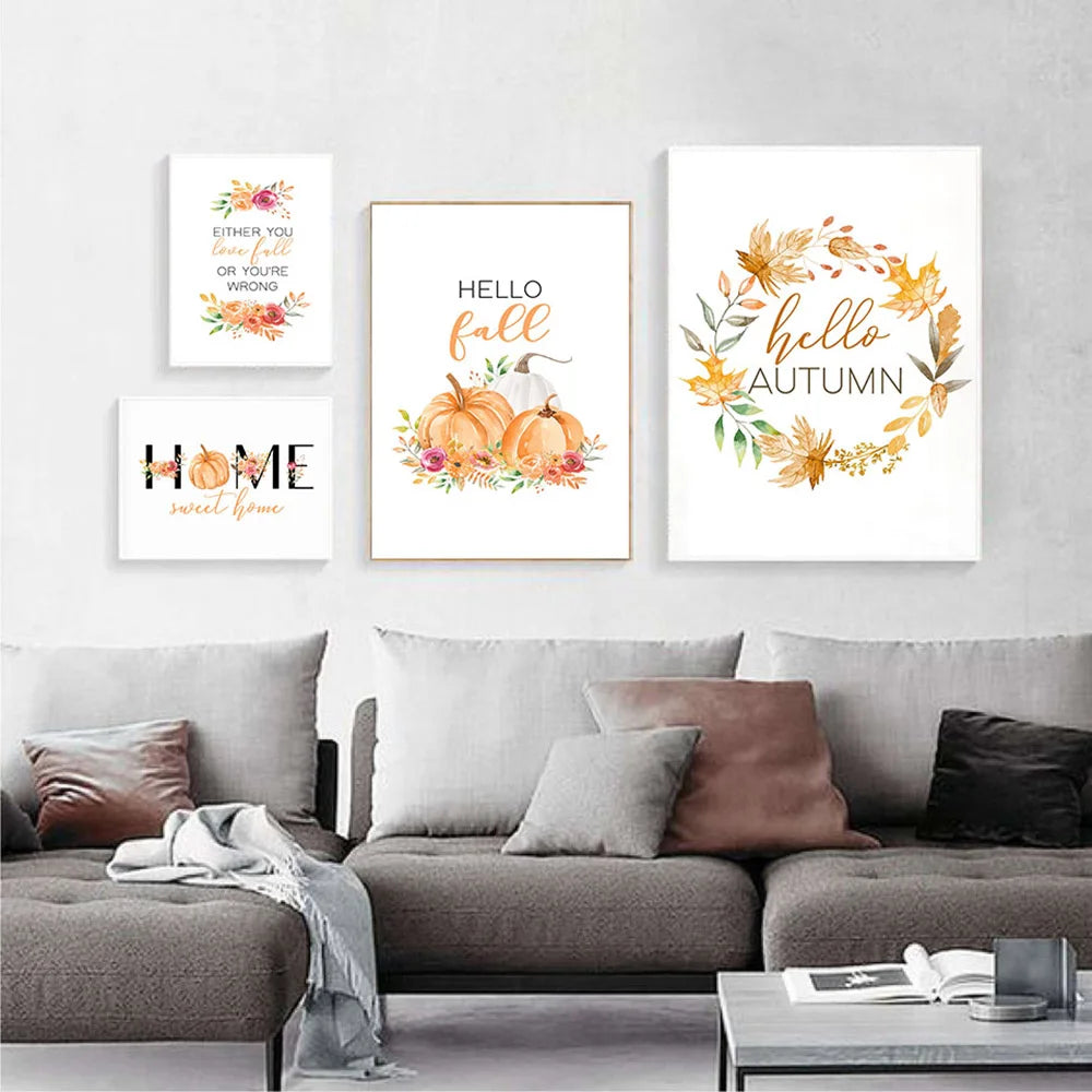 Hello Fall Autumn Quote Wall Pictures Children Cartoon Art Poster and Print Flower Wreath Pumpkin Canvas Painting Home Decor