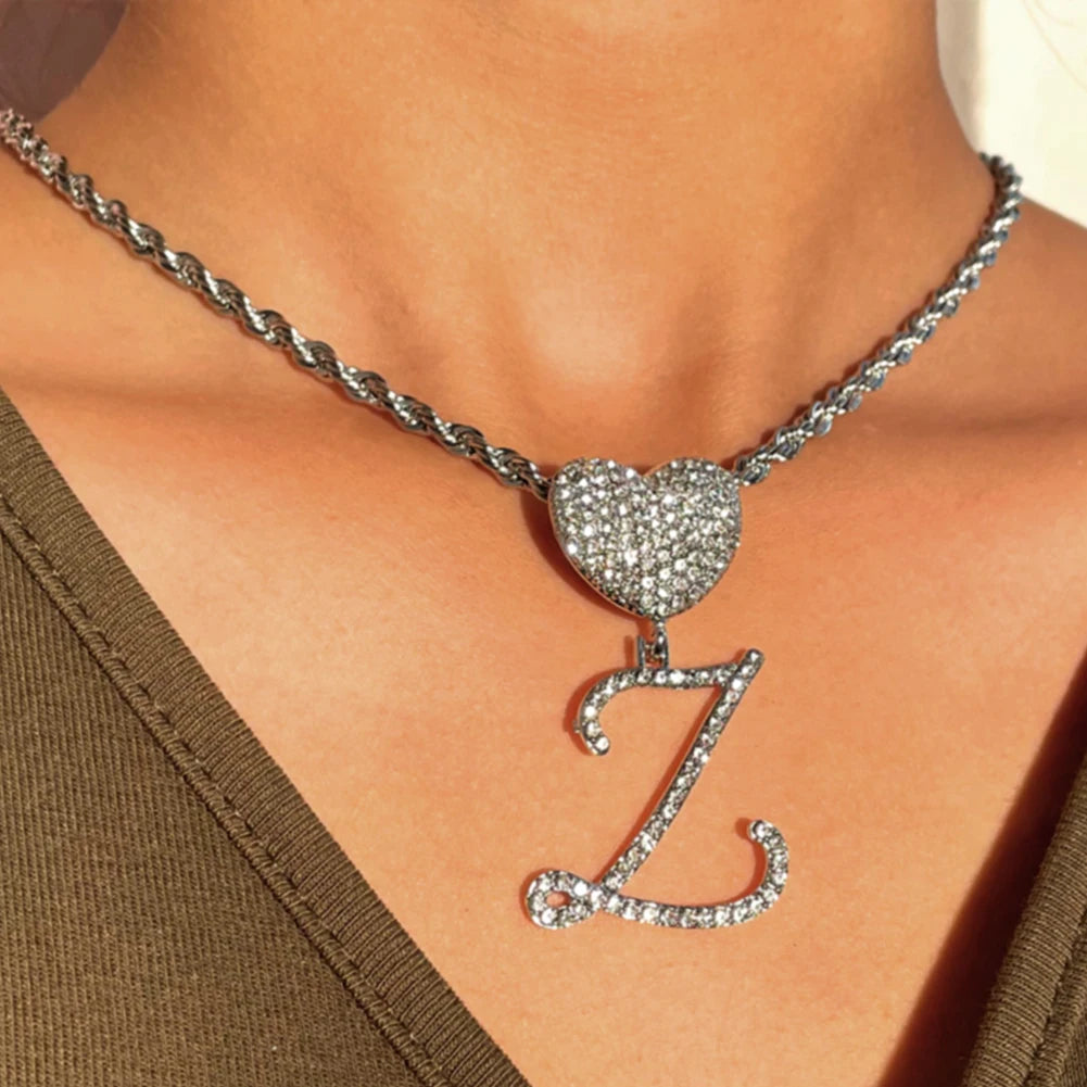 A-Z Cursive Letter Heart Pendant Iced Out Cuban Necklace for Women