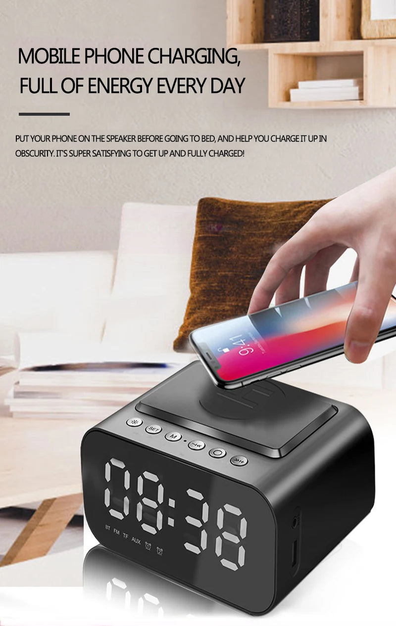 Digital Alarm Clock Bluetooth Speaker FM Radio Wireless Charger Phone Charging Pad  USB Fast Charger Table Clock
