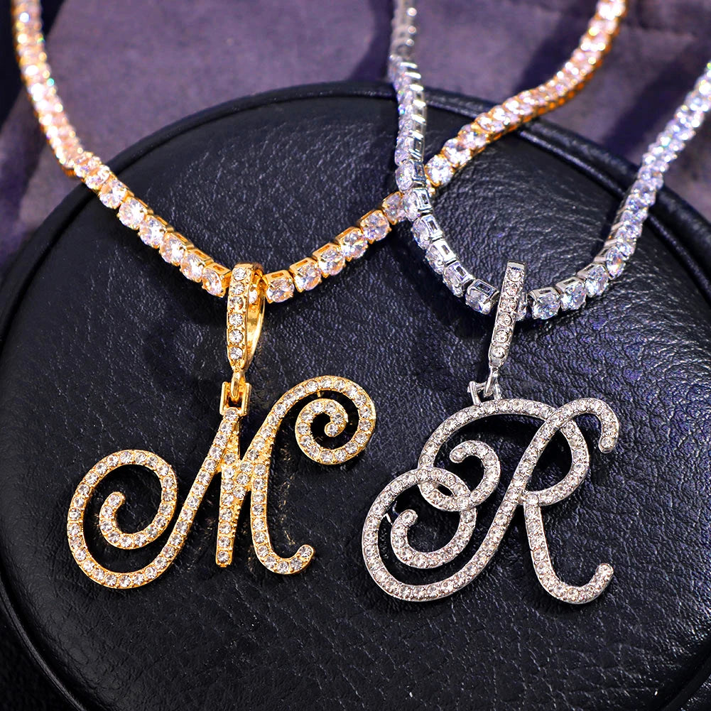 Cursive Letters Cubic Zirconia Chain Intial Name Necklace Hip Hop