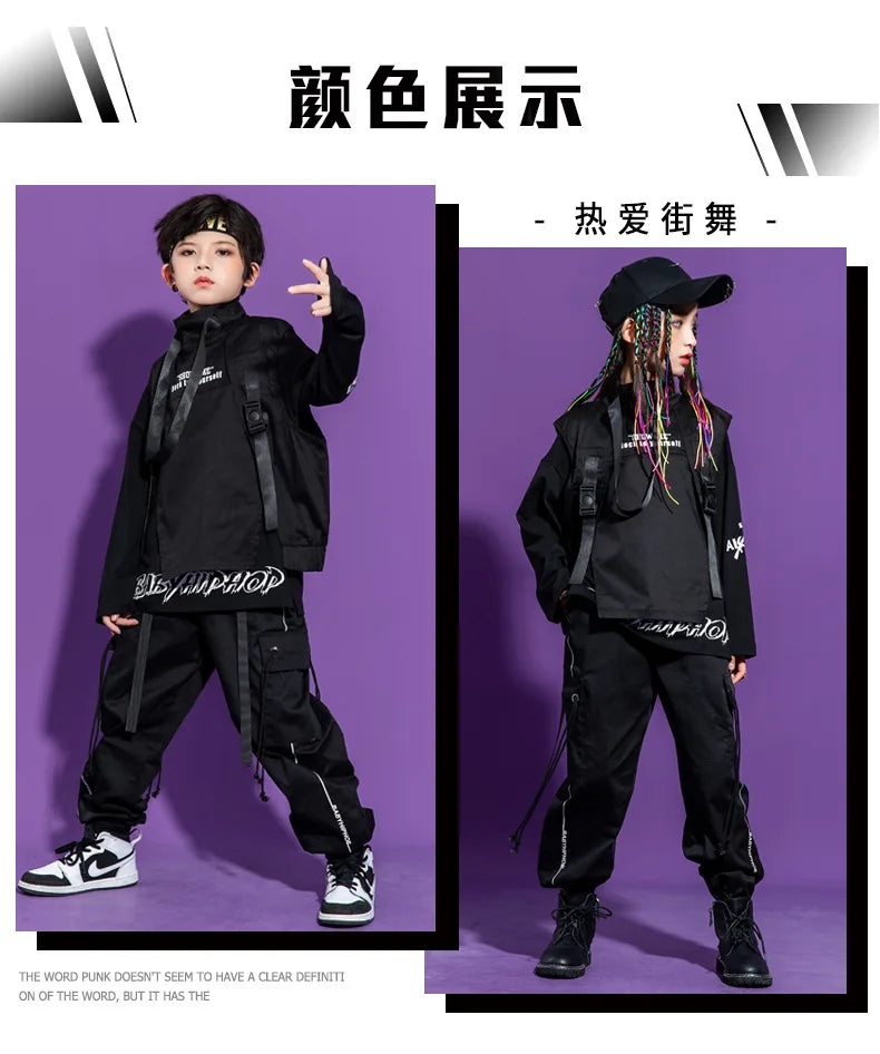 Boy Hip Hop Girl High Collar Vest Cargo Pants Outfits Child Sweatshirt Joggers Street Dance Kids Waistcoat Streetwear Costumes
