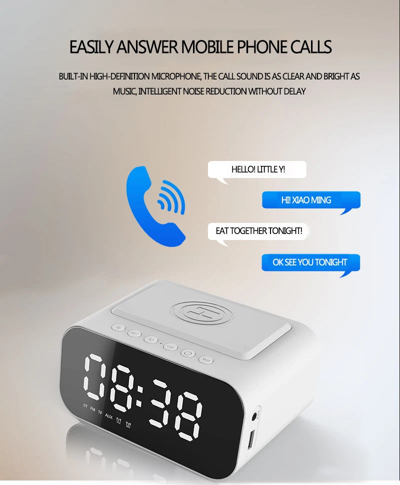 Digital Alarm Clock Bluetooth Speaker FM Radio Wireless Charger Phone Charging Pad  USB Fast Charger Table Clock