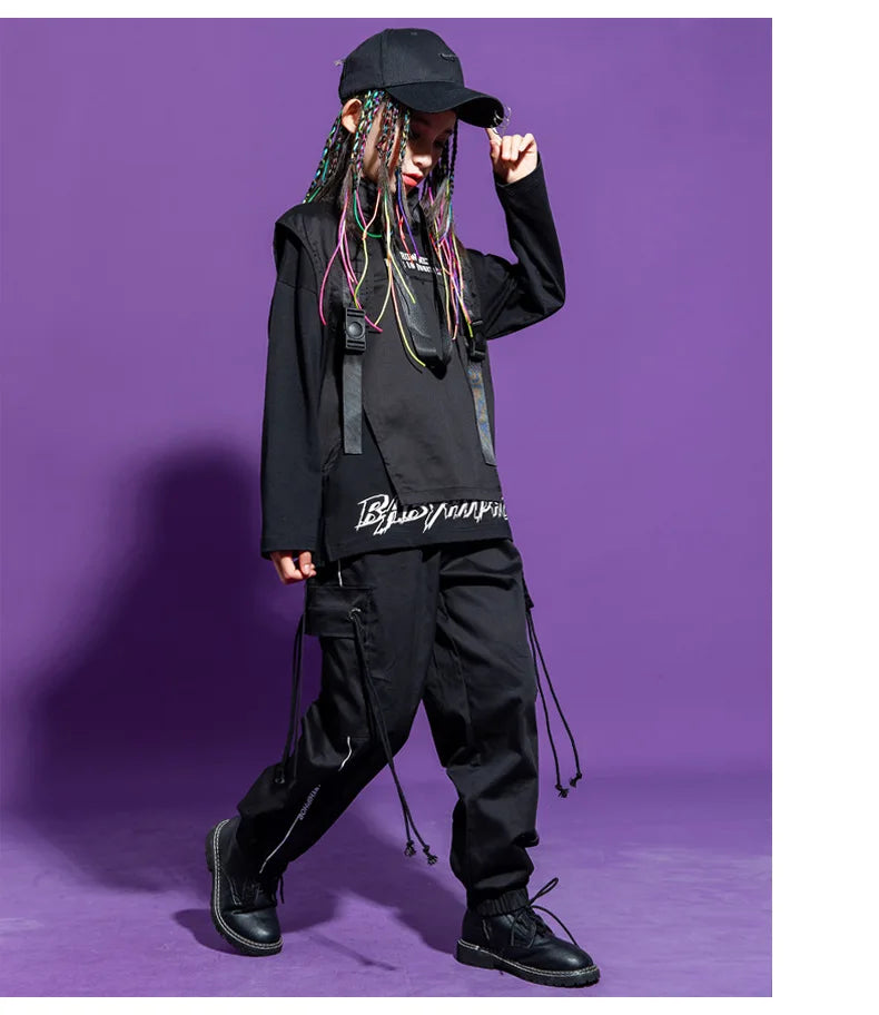 Boy Hip Hop Girl High Collar Vest Cargo Pants Outfits Child Sweatshirt Joggers Street Dance Kids Waistcoat Streetwear Costumes