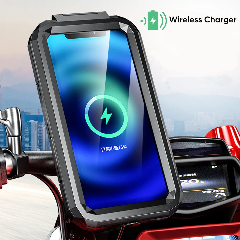 2022 Waterproof Case 12V Motorcycle Phone Holder Wireless Charger 15W Qi/ Type C PD USB Fast Charge Mount Box Double Socket Arms