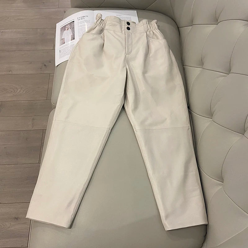 Genuine leather pants women winter 2025 new fashion elastic high waist pants women harem pants casual trouser female
