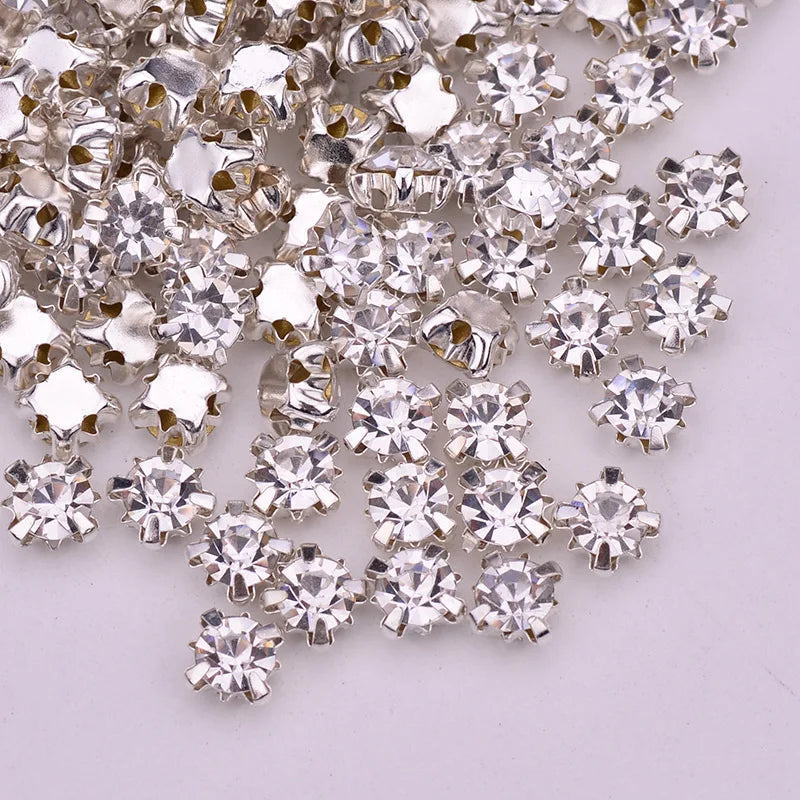 JUNAO SS12 3mm Sewn Sliver Clear Claw Rhinestones Glass Strass Round Shapes Crystal Stones  For Needlework Crafts