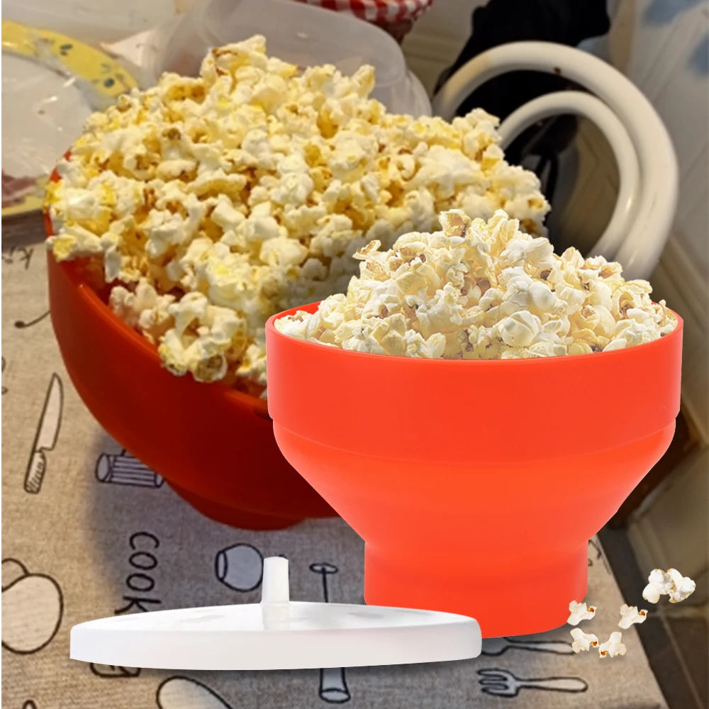 Microwave Popcorn Bowl Bucket Silicone DIY Red Popcorn Maker with Lid Chips Fruit Dish High Quality Kitchen Easy Tools