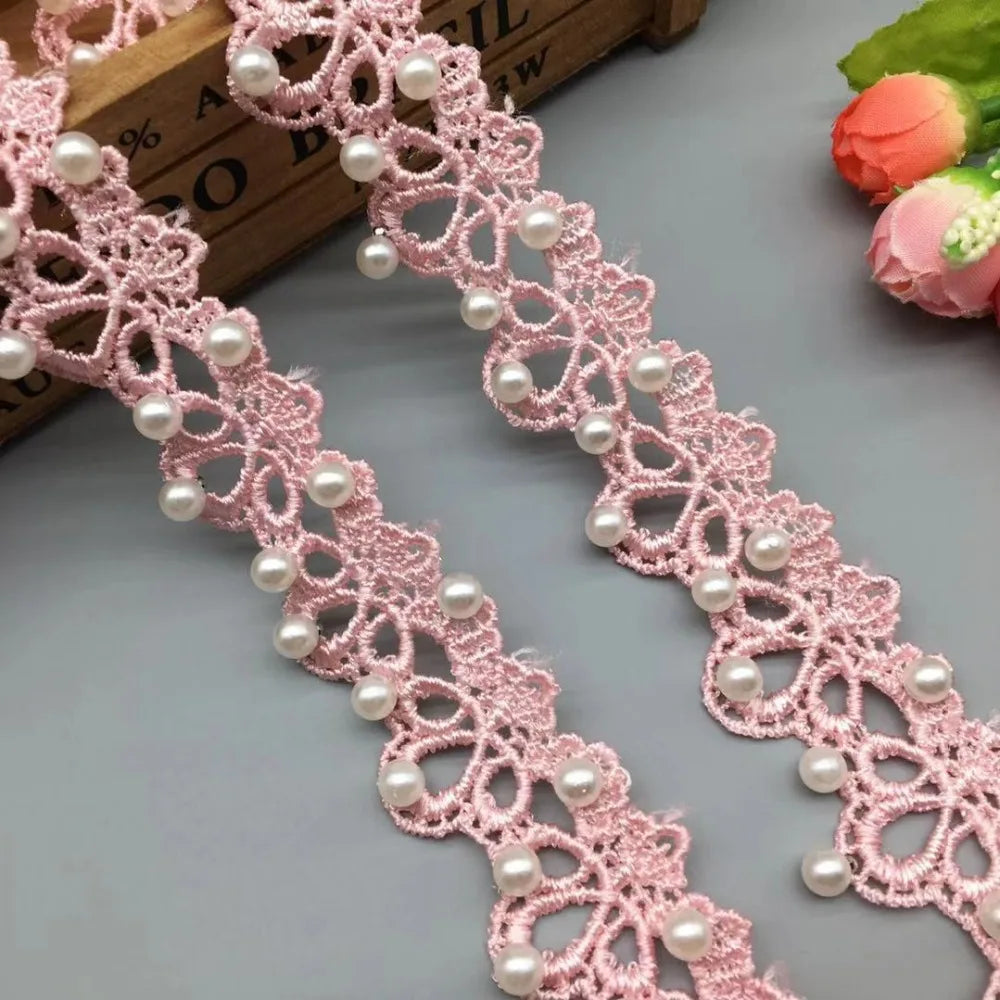 1 Yards White Pink and Grey Pearl Beaded Lace Trim Tape Lace Ribbon African Lace Fabric Collar Dress Sewing Garment Headdress Ma