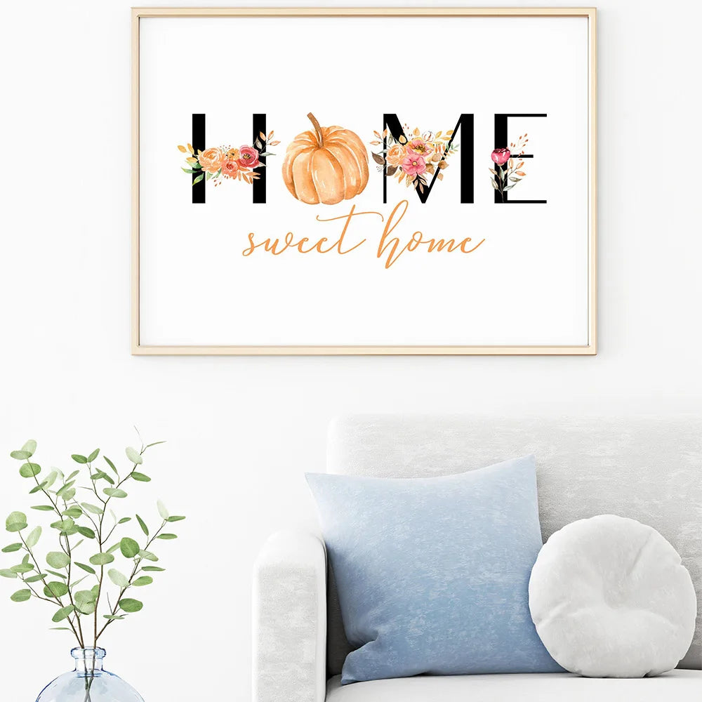 Hello Fall Autumn Quote Wall Pictures Children Cartoon Art Poster and Print Flower Wreath Pumpkin Canvas Painting Home Decor
