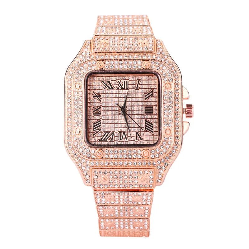 Iced Out Women Men Watch Square Diamondd Black Numbers Quartz