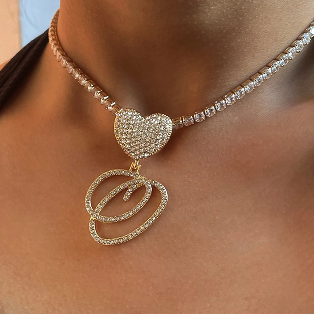 A-Z Cursive Letter Heart Pendant Iced Out Cuban Necklace for Women